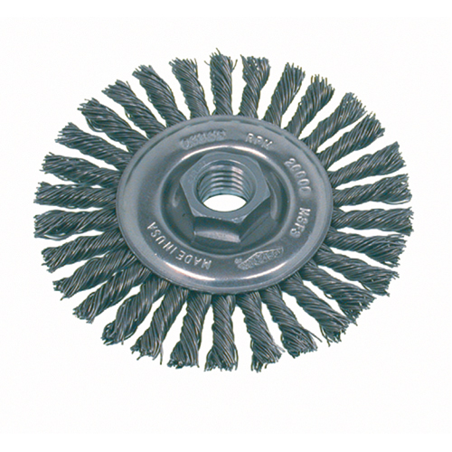 Brosse rotative &agrave; fils nou&eacute;s pour petites meuleuses haute vitesse, pour passe de fond, Dia. 4", Fils 0,02", Arbre 5/8"-11, Acier inoxydable The Estey Group