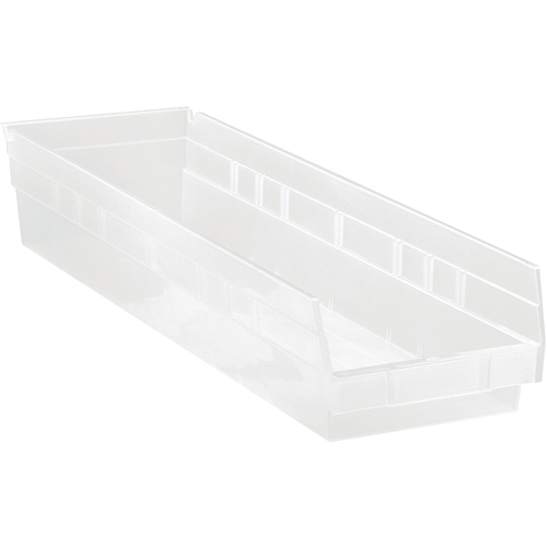 Shelf Bins, 6-5/8" W x 4" H x 23-5/8" D, Clear, 50 lbs. Capacity The Estey Group