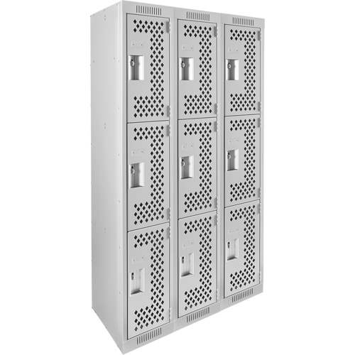 Casiers Clean Line, 3 niveaux, Bloc de 3, 36" x 12" x 72", Acier, Gris, Rivet (assembl&eacute;), Perfor&eacute; The Estey Group