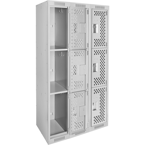 Casiers Clean Line, 3 niveaux, Bloc de 3, 36" x 12" x 72", Acier, Gris, Rivet (assembl&eacute;), Perfor&eacute; The Estey Group