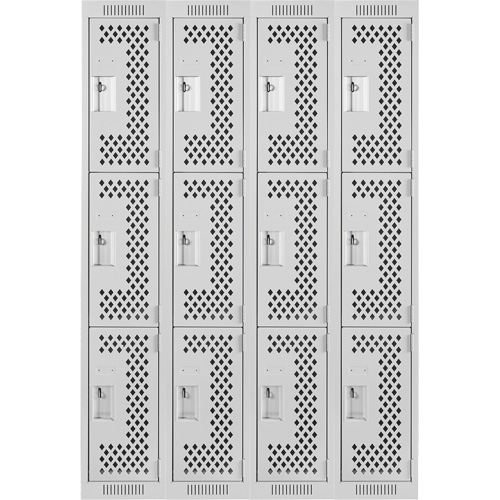 Clean Line Lockers, 3 -tier, Bank of 4, 48" x 12" x 72", Steel, Grey, Rivet (Assembled), Perforated The Estey Group