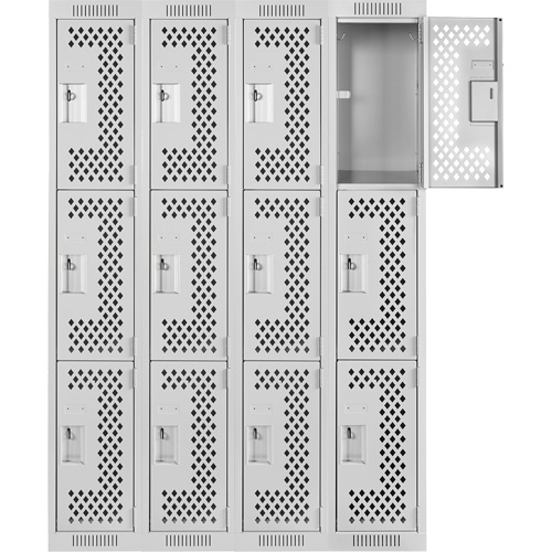 Clean Line Lockers, 3 -tier, Bank of 4, 48" x 12" x 72", Steel, Grey, Rivet (Assembled), Perforated The Estey Group