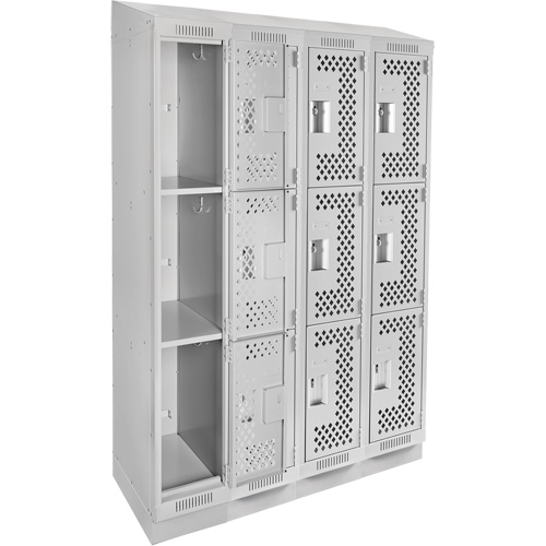 Clean Line Lockers, 3 -tier, Bank of 4, 48" x 18" x 82", Steel, Grey, Rivet (Assembled), Perforated The Estey Group