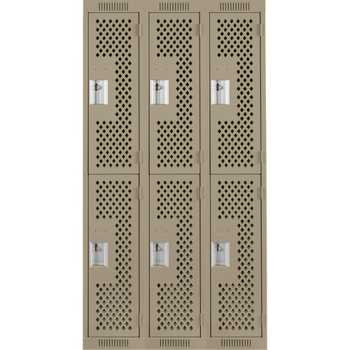 Clean Line Lockers, 2 -tier, Bank of 3, 36" x 15" x 72", Steel, Beige, Rivet (Assembled), Perforated The Estey Group