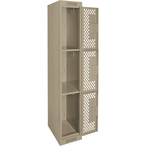 Clean Line Lockers, 3 -tier, 12" x 12" x 72", Steel, Beige, Rivet (Assembled), Perforated The Estey Group
