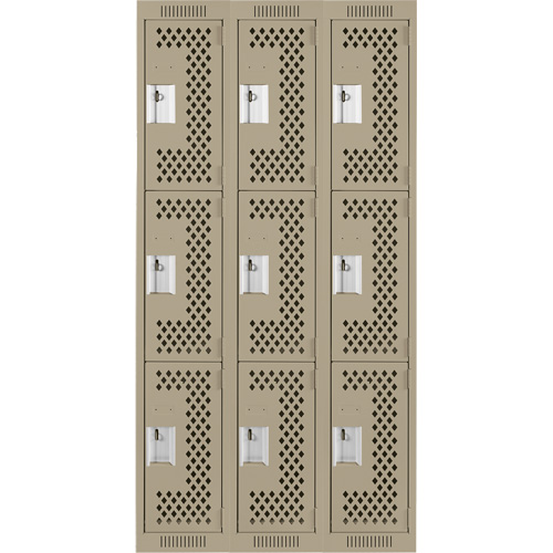 Clean Line Lockers, 3 -tier, Bank of 3, 36" x 12" x 72", Steel, Beige, Rivet (Assembled), Perforated The Estey Group