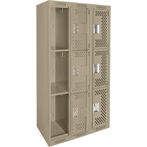 Clean Line Lockers, 3 -tier, Bank of 3, 36" x 12" x 72", Steel, Beige, Rivet (Assembled), Perforated The Estey Group