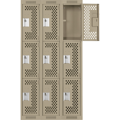 Clean Line Lockers, 3 -tier, Bank of 3, 36" x 12" x 72", Steel, Beige, Rivet (Assembled), Perforated The Estey Group