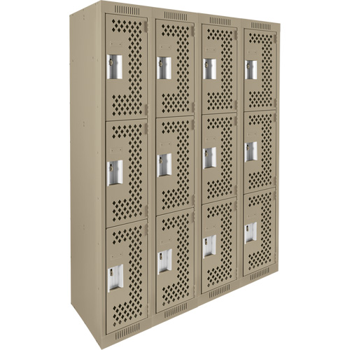 Clean Line Lockers, 3 -tier, Bank of 4, 48" x 12" x 72", Steel, Beige, Rivet (Assembled), Perforated The Estey Group