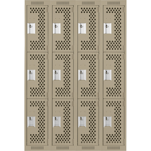 Clean Line Lockers, 3 -tier, Bank of 4, 48" x 12" x 72", Steel, Beige, Rivet (Assembled), Perforated The Estey Group