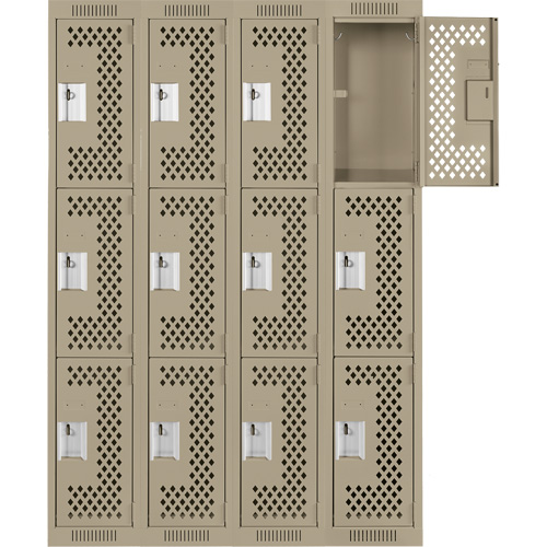 Clean Line Lockers, 3 -tier, Bank of 4, 48" x 12" x 72", Steel, Beige, Rivet (Assembled), Perforated The Estey Group