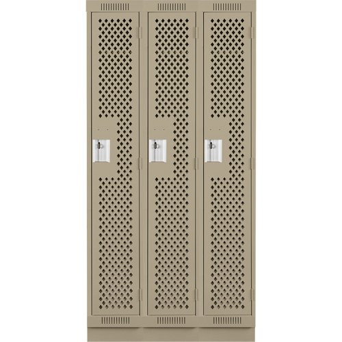 Clean Line Lockers, Bank of 3, 36" x 15" x 76", Steel, Beige, Rivet (Assembled), Perforated The Estey Group
