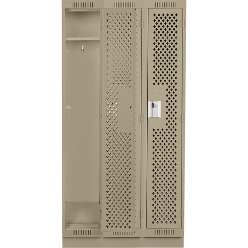 Clean Line Lockers, Bank of 3, 36" x 15" x 76", Steel, Beige, Rivet (Assembled), Perforated The Estey Group