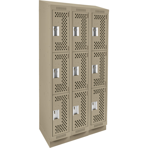 Clean Line Lockers, 3 -tier, Bank of 3, 36" x 12" x 82", Steel, Beige, Rivet (Assembled), Perforated The Estey Group