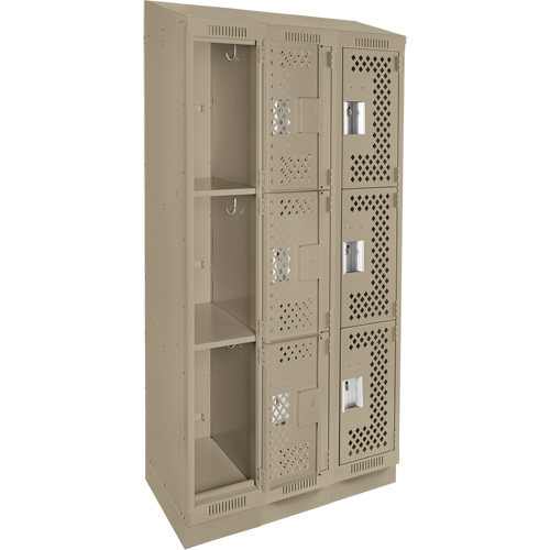 Clean Line Lockers, 3 -tier, Bank of 3, 36" x 12" x 82", Steel, Beige, Rivet (Assembled), Perforated The Estey Group
