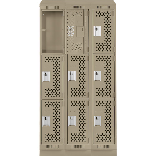 Clean Line Lockers, 3 -tier, Bank of 3, 36" x 12" x 82", Steel, Beige, Rivet (Assembled), Perforated The Estey Group