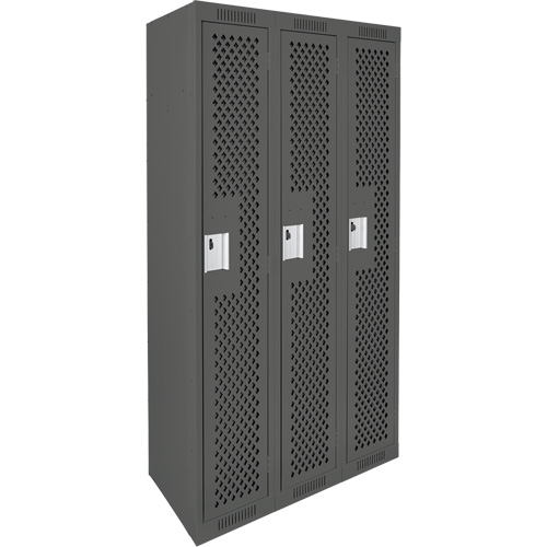 Clean Line Lockers, Bank of 3, 36" x 12" x 72", Steel, Charcoal, Rivet (Assembled), Perforated The Estey Group