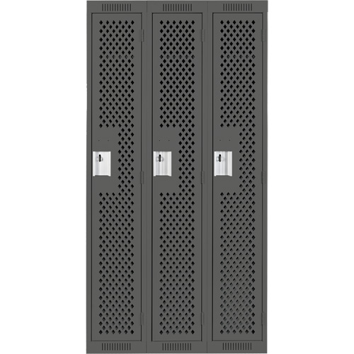Clean Line Lockers, Bank of 3, 36" x 12" x 72", Steel, Charcoal, Rivet (Assembled), Perforated The Estey Group