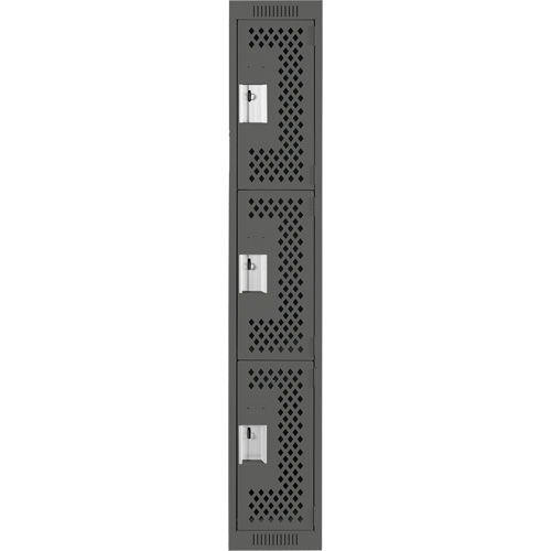 Clean Line Lockers, 3 -tier, 12" x 12" x 72", Steel, Charcoal, Rivet (Assembled), Perforated The Estey Group