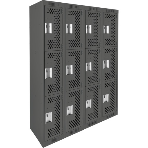 Clean Line Lockers, 3 -tier, Bank of 4, 48" x 12" x 72", Steel, Charcoal, Rivet (Assembled), Perforated The Estey Group