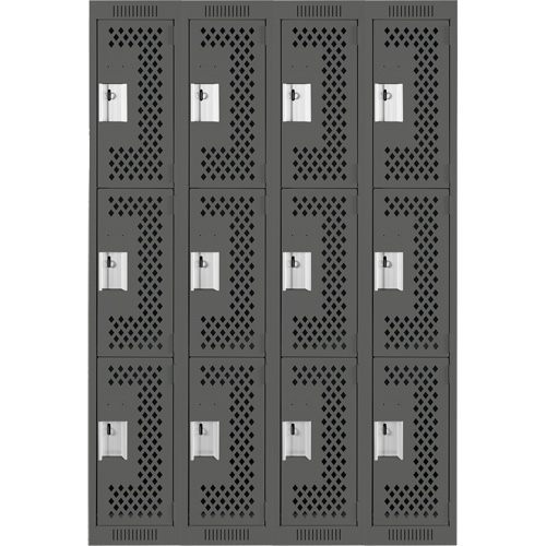 Clean Line Lockers, 3 -tier, Bank of 4, 48" x 12" x 72", Steel, Charcoal, Rivet (Assembled), Perforated The Estey Group