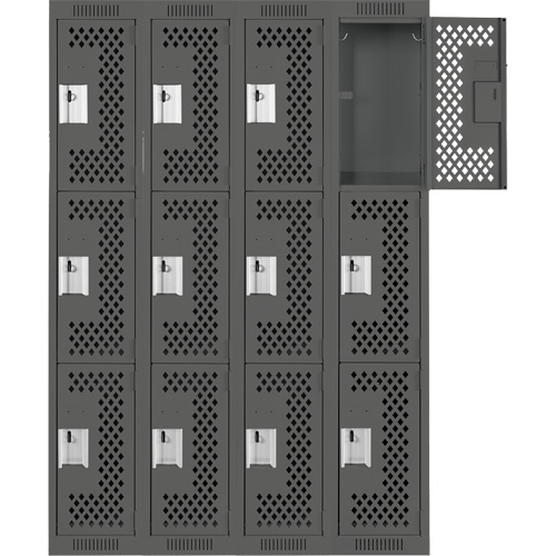 Clean Line Lockers, 3 -tier, Bank of 4, 48" x 12" x 72", Steel, Charcoal, Rivet (Assembled), Perforated The Estey Group