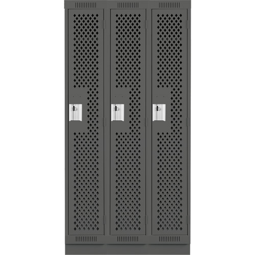 Clean Line Lockers, Bank of 3, 36" x 15" x 76", Steel, Charcoal, Rivet (Assembled), Perforated The Estey Group