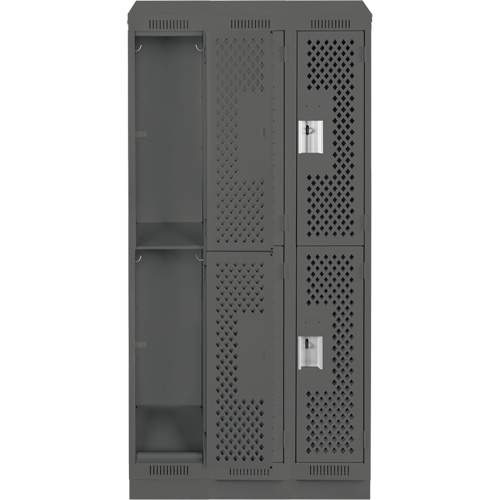 Clean Line Lockers, 2 -tier, Bank of 3, 36" x 15" x 82", Steel, Charcoal, Rivet (Assembled), Perforated The Estey Group