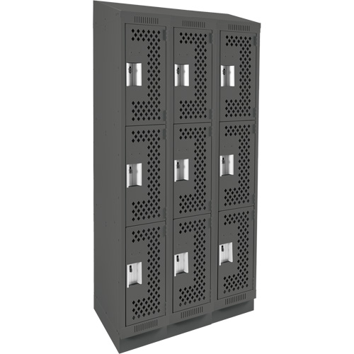 Clean Line Lockers, 3 -tier, Bank of 3, 36" x 18" x 82", Steel, Charcoal, Rivet (Assembled), Perforated The Estey Group