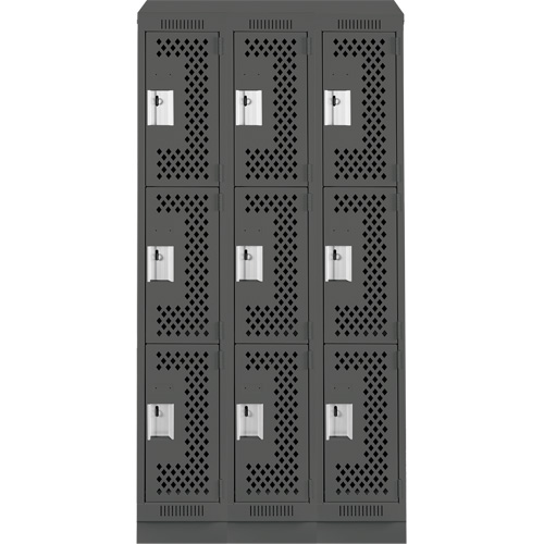 Clean Line Lockers, 3 -tier, Bank of 3, 36" x 18" x 82", Steel, Charcoal, Rivet (Assembled), Perforated The Estey Group