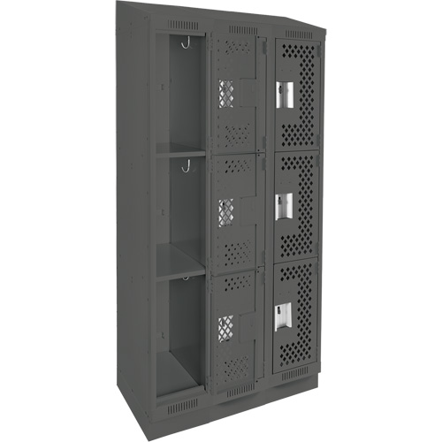 Clean Line Lockers, 3 -tier, Bank of 3, 36" x 18" x 82", Steel, Charcoal, Rivet (Assembled), Perforated The Estey Group