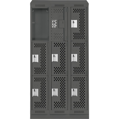 Clean Line Lockers, 3 -tier, Bank of 3, 36" x 18" x 82", Steel, Charcoal, Rivet (Assembled), Perforated The Estey Group