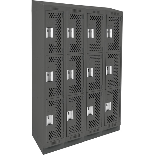 Clean Line Lockers, 3 -tier, Bank of 4, 48" x 18" x 82", Steel, Charcoal, Rivet (Assembled), Perforated The Estey Group