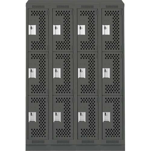 Clean Line Lockers, 3 -tier, Bank of 4, 48" x 18" x 82", Steel, Charcoal, Rivet (Assembled), Perforated The Estey Group