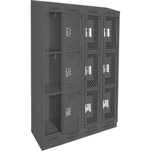 Clean Line Lockers, 3 -tier, Bank of 4, 48" x 18" x 82", Steel, Charcoal, Rivet (Assembled), Perforated The Estey Group