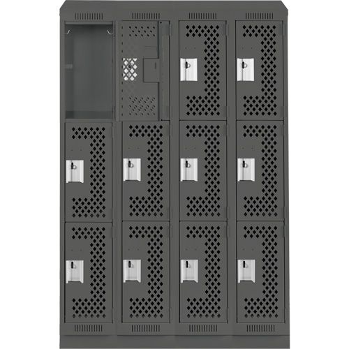 Clean Line Lockers, 3 -tier, Bank of 4, 48" x 18" x 82", Steel, Charcoal, Rivet (Assembled), Perforated The Estey Group