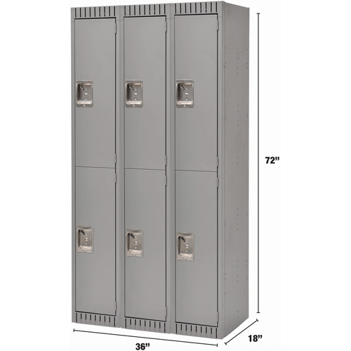 Lockers, 2 -tier, Bank of 3, 36" x 18" x 72", Steel, Grey, Rivet (Assembled) The Estey Group