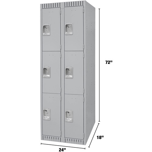 Lockers, 3 -tier, Bank of 2, 24" x 18" x 72", Steel, Grey, Knocked Down The Estey Group