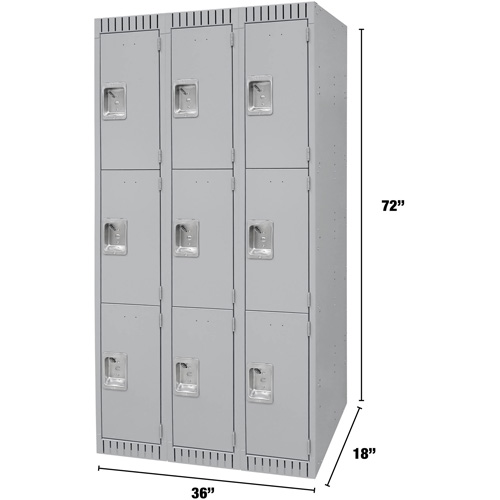 Lockers, 3 -tier, Bank of 3, 36" x 18" x 72", Steel, Grey, Knocked Down The Estey Group