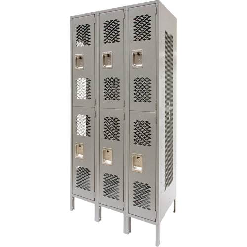 Casiers ventil&eacute;s, 2 niveaux, Bloc de 3, 36" x 18" x 78", Acier, Gris, D&eacute;mont&eacute;, Perfor&eacute; The Estey Group