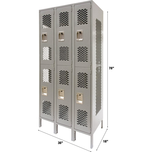Casiers ventil&eacute;s, 2 niveaux, Bloc de 3, 36" x 18" x 78", Acier, Gris, D&eacute;mont&eacute;, Perfor&eacute; The Estey Group