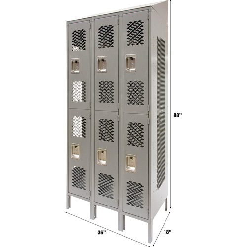 Vented Lockers, 2 -tier, Bank of 3, 36" x 18" x 88", Steel, Grey, Knocked Down, Perforated The Estey Group