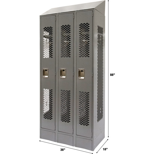 Vented Lockers, Bank of 3, 36" x 18" x 88", Steel, Grey, Knocked Down, Perforated The Estey Group