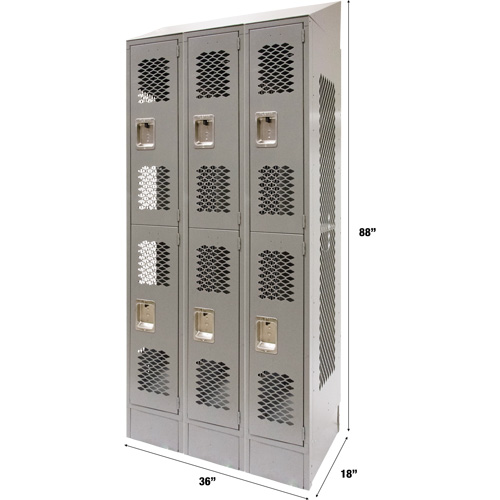 Casiers ventil&eacute;s, 2 niveaux, Bloc de 3, 36" x 18" x 88", Acier, Gris, D&eacute;mont&eacute;, Perfor&eacute; The Estey Group
