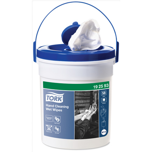 Lingettes humides nettoyantes pour les mains en seau, 58 lingettes, 10-3/5" x 10-3/5" The Estey Group