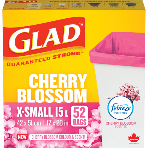 Glad&reg; Cherry Blossom Coloured & Scented Bags, Strong, 17" W x 20" L, Pink, 15 L (3.96 Gal.) Capacity The Estey Group
