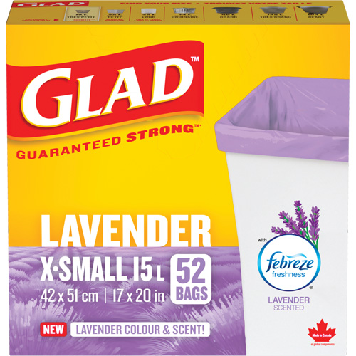 Glad&reg; Lavender Coloured & Scented Bags, Strong, 17" W x 20" L, Purple, 15 L (3.96 Gal.) Capacity The Estey Group