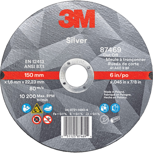 Silver Cut-Off Wheel, 6" x 0.045", 7/8" Arbor, Type 1, Ceramic, 10200 RPM The Estey Group