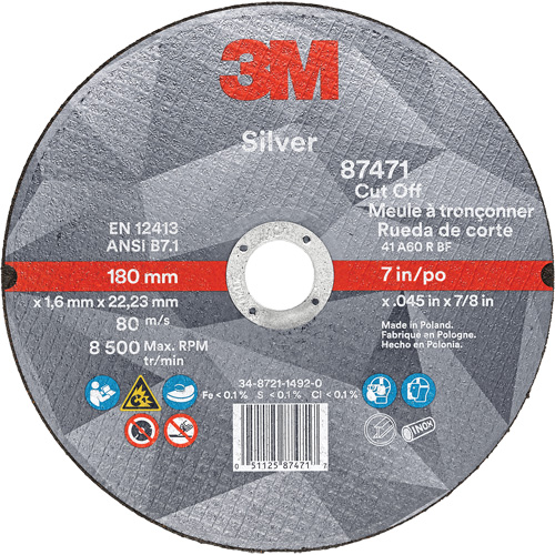 Silver Cut-Off Wheel, 7" x 0.045", 7/8" Arbor, Type 1, Ceramic, 8500 RPM The Estey Group