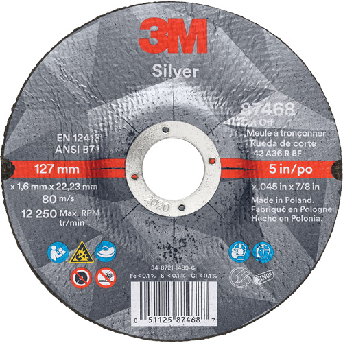 Silver Cut-Off Wheel, 5" x 0.045", 7/8" Arbor, Type 27, Ceramic, 12250 RPM The Estey Group